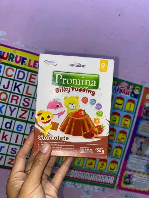 Promina Silky Pudding Cokelat 100g untuk anak usia 9 bulan ke atas.