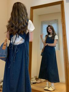 Retro Denim Vest Dress Women Summer Back Drawstring Layered Shoulder Loose Small Size Strap Dress Skirt Korean Style Hollow out