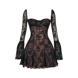 Lace Square Neck Flared Sleeve Slimming Dress