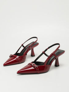 Womens Patent Leather Pointed Toe Slingback Heeled Sandals Wine Red Buckle Strap Mid Heel Pumps Elegant Retro Backless Shoes