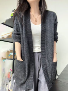 UYFY | Gray Round Neck Long Sleeve Knitted Open Cardigan Womens Loose Slimming Elegant Large Size Top Autumn New Style Commute