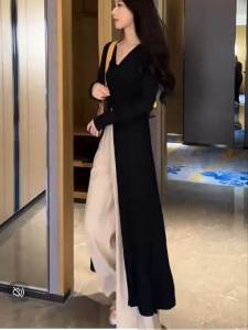 Summer Long Over-Knee Sun Protection Ice Silk Drapey V-Neck Slimming Knitted Top Womens Commute Style Regular Thickness Long Sleeve