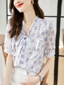 Summer Short Sleeve Chiffon Shirt Womens Fashionable Printed Thin Beautiful Stylish Small Top Trendy Bubble Sleeve V-neck