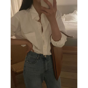Elegant White Cotton Long Sleeve Shirt Womens Loose Fit Premium Quality Anti-Aging Fashionable Korean Style Button Detail