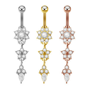 CZ Flower Belly Button Rings 316L Steel Diamond Petal Navel Barbell Hypoallergenic Shiny Body Piercing Jewelry for Women 14G