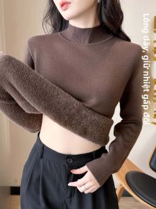 chaqi | Áo len dệt kim dày lót lông cừu cổ cao cho nữ mùa thu đông thường ngày phong cách Hàn Quốc dài tay áo lót bên trong ấm áp