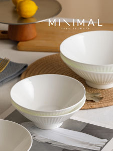 Japanese Style Ceramic Noodle Bowl Pure White Vertical Stripe Design Salad Bowl Soup Bowl High-End Feeling Dining Utensils