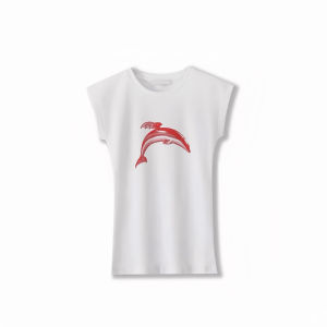 Jennie Golden Dolphin Print Slim Fit round Neck Short Sleeve T-Shirt Retro Style Womens Cotton Top Red Color Summer Fashion