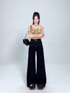 Plus Size High Waist Wide leg Jeans Pants For Women Double Button Black Mopping Trousers