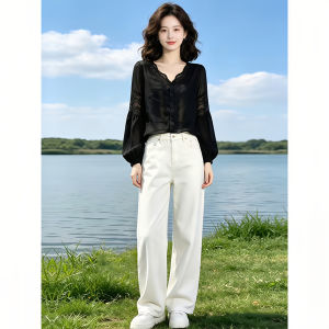 Shalldoer | Elegant Youthful V-neck Lace Insert Puff Sleeve Short Shirt