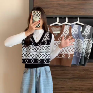 Plaid Knitted Vests Tops For Women Loose VNeck Sleeveless Vintage Sweater Vests Basic Daily Out Fit High Quality