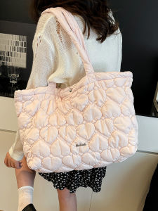 Summer New Pearl Glitter Tote Bag Large Capacity Handbag Soft Surface Korean Style INS down Bubble Single Shoulder Bag for Women