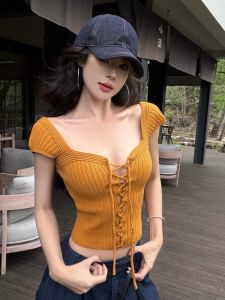 GUZILIAN | American Style Knitted Strap Vest Women Summer Thai Spicy Girl One Shoulder Tube Top Small Flying Sleeve Top Unique Beautiful