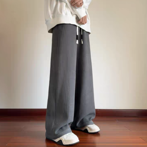 New 2024 Mens Fleece Lined Wide Leg Pants Casual Straight Cut Trousers Autumn Winter Drapey Loose Fit Student Fashion Trendy