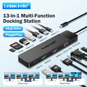 Lemorele USB C HUB 13-in-1 Docking Station 4K30Hz HDMI USB3.0 PD100W RJ45 VGA SDTF USB Splitter for Laptop Macbook Pro Air iPad
