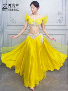 Yellow Belly Dance Costume Set Womens Diamond Embellished Bra Long Skirt Oriental Dance Performance Outfit New 2024
