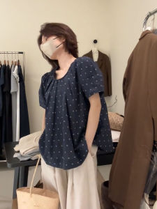 YUFUQING | French Style Round Neck Polka Dot Bubble Sleeve T-Shirt Women Summer New Design Hollow Out Fashionable Anti-Aging Top