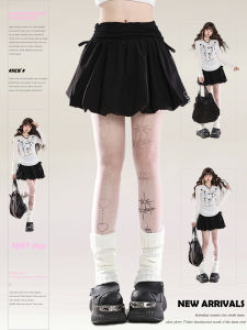 Black Butterfly Knot Cake Short Skirt Womens Summer High Waist Slimming Puffy Butt Floral Bud A-Line Half-length Skirt