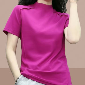 Summer New Womens Pure Cotton Short Sleeve T-Shirt Short Style Half High Collar Slimming Fashionable Youthful Korean Style round Neck
