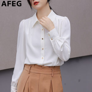AFEG Korean version of shirt collar fashion simple loose all-match temperament chiffon long-sleeved blouse