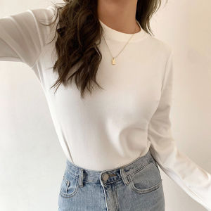 Black Fleece Lined Long Sleeve Womens Slim Fit Base Shirt Spring Autumn Winter White T-Shirt Stylish Casual Korean Style