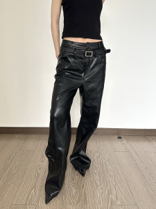Work Day Fashionable Double Belt Wide Leg Pants Leather Pants Casual Black Long Trousers Womens Style Popular Design Sensation