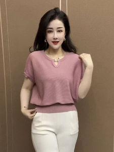 Fashionable Pure Color Short Sleeve Knitted Top Loose Mom Shirt Womens Summer New Style Casual round Neck Pullover Knitwear
