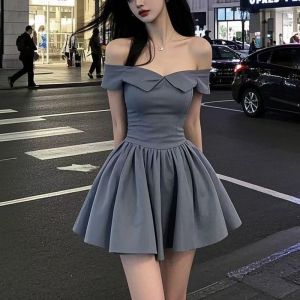 French Design Off-Shoulder Pleated Puffy Skirt Dress Womens Summer Slimming Short Dress High Waist Cotton Wool Material