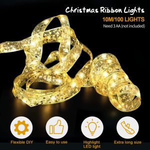 Sale 4M 40LED Christmas Lace Ribbon Bows With LED For Christmas Tree Christmas Gift Christmas Ribbon Bows Lights For Xmas Tree Christmas Decor