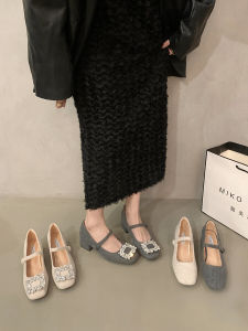 Mary Jane Shoes with Fur Diamond Niche High Heels Chunky Heel Square Head Womens Autumn Winter Outdoor Wear Single Shoes