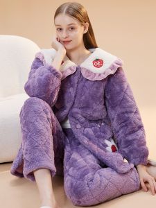 MiiOW | ชุดนอนผ้าขนแกะสีชมพู 3 ชั้น ผ้าขนแกะผสมผ้าฝ้าย ฤดูใบไม้ร่วง/ฤดูหนาว ชุดนอนผู้หญิง แขนยาว ปกตัว ผ้าขนแกะหนา ชุดนอน