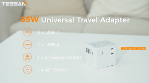 TESSAN 65W 28W 20W Fast Charging Universal Travel Adapter International Plug Adaptor & USB C Port and Extra 2 Prong AC Outlet