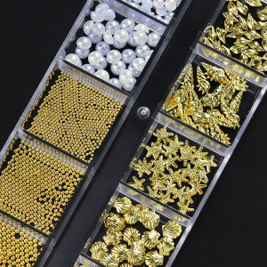 12 กริด 3D ฤดูร้อน Ocean Rivet เล็บ Charms ผสมลูกปัดมุกปลาดาวShellSeahorse conch เล็บ Studs DIY ตกแต่งเล็บ