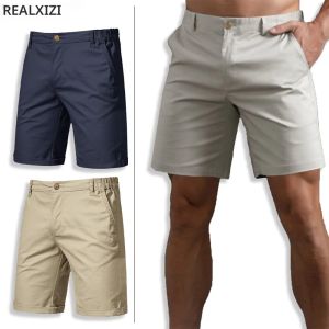 กางเกงขาสั้นคาร์โก้ผู้ชายสีพื้นลำลองผ้าฝ้ายสำหรับวิ่ง ปีนเขา เล่นกีฬา เอวยางยืด กางเกงวิ่งออกกำลังกาย กางเกงทำงาน