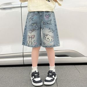 Sanrio | New Summer Girls Denim Shorts Cartoon Hello Kitty Fashion Loose Knee Length Jeans Pants For 4-14 Years Teen Kids Casual Trousers