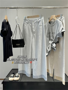 กางเกงยีนส์ทรงตรงผ้ายืดคอตตอนผสมลินินสีน้ำเงินสำหรับผู้หญิง กางเกงขายาวทรงหลวมสไตล์ย้อนยุค กางเกงยีนส์ทรงตรงผ้าฝ้ายผสมลินินสำหรับผู้หญิง