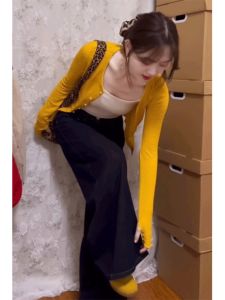 Áo Khoác Len Cardigan Ngắn Màu Vàng Cho Nữ Mùa Thu Mỏng Ôm Vừa Vặn Phong Cách Hàn Quốc Áo Khoác Ngoài Thời Trang