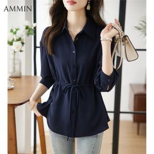 AMMIN เสื้อแฟชั่นคอปกสไตล์เกาหลีเรียบง่ายเสื้อสีทึบเสื้อเบลาส์ทรงหลวมดีไซน์เสื้อเชิ้ตตัวเล็กแฟชั่นแบบใหม่ในฤดูใบไม้ร่วงสวยงามสำหรับเดินทางเสื้อชีฟองหญิง