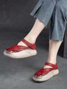 รองเท้าแตะส้นสูงทรงหัวมนแบบสวมสำหรับผู้หญิง หนังวัวแท้ สีแดง ทรงหัวมน สไตล์วินเทจ รองเท้าแตะแบบสวมส้นแบนสำหรับฤดูร้อน