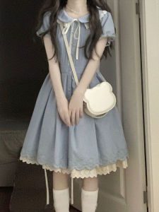 Sweet Summer Korean Style Academy Wind Bubble Sleeve Waist Cinched Slimming Dress Womens Lace Trim Short Skirt Dress