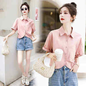 Pink Short Sleeve Shirt Womens Summer 2025 New Slimming Casual Short Design Sense Niche Top Korean Style Straight Cut
