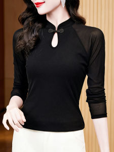 New Chinese Style Long Sleeve T-Shirt Womens Autumn New Button Lace Base Shirt Inner Wear Mesh Fabric Commute Style Regular Fit