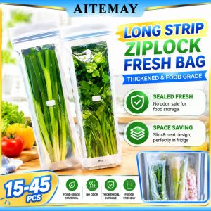 Aitemay Túi Đồ lưu trữ thực phẩm có thể tái sử dụng 15-45 chiếc bọc nilon dày túi có khoá kéo không mùi gia cố đôi thay thế cho tổ chức đựng thức ăn Tủ đông thiết kế hình dạng dài