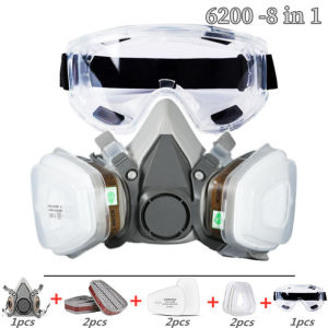 New 8-In-1 6200 Dust Gas Mask With Safety Goggles Half Face Gas Respirator For Painting Spraying Polishing Work Safety