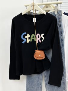 plus Size Womens round Neck Long Sleeve T-Shirt Letter Print Base Shirt Shoulder Appropriate Autumn New Korean Style Top