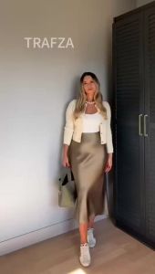 HH Women Elegant Solid Satin Long Skirt Chic Y2K High Waist Slim Skirts Female Fashion Silk Texture Ladies Tight Midi Skirt