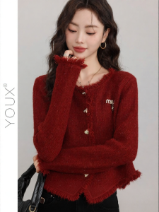 YOUXIANG | Áo Cardigan Knit Màu Đỏ Chic