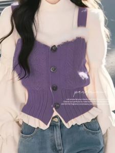 Winter New Purple Christmas Theme Knitted Shirt And Vest Set Long Sleeve Soft Feel Gentle Purple Two Piece Shirt Knitwear