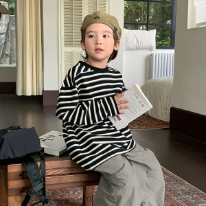 Fashionable Striped Base Shirt for Boys Autumn Long Sleeve round Neck T-Shirt Korean Style Kids Clothing Medium to Large Size