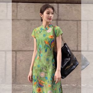 PAIBOLI | Retro Improved Qipao Style Elegant Green Printed Slimming Minus Age Dress